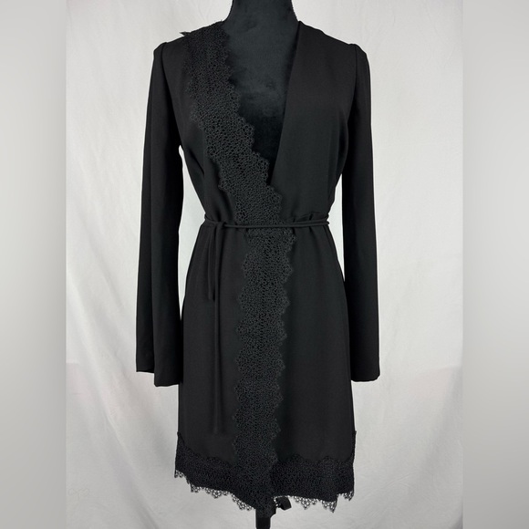 Mng Collection Sweaters - MNG Elegant Black Lace Trim Cardigan with Waist Tie